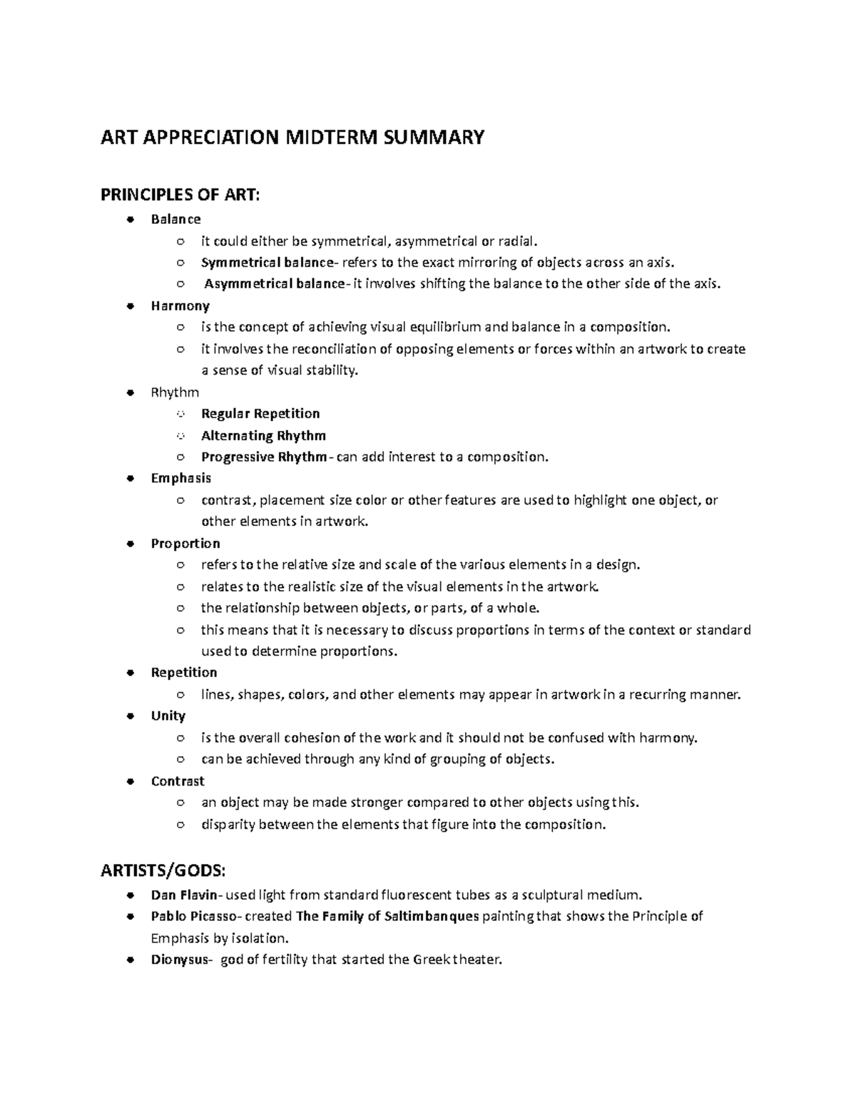 ARTA-Midterm-Summary - ART APPRECIATION MIDTERM SUMMARY PRINCIPLES OF ...