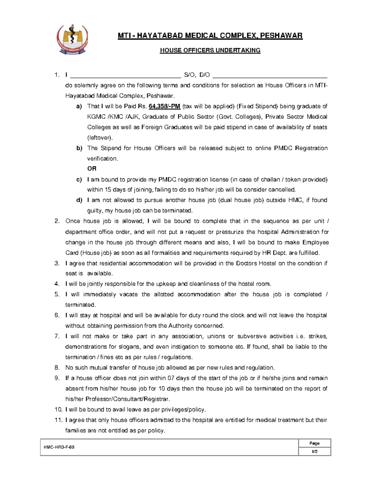Undertaking for House Officers - HMC-HRD-F-05 Page 1/ MTI - HAYATABAD ...
