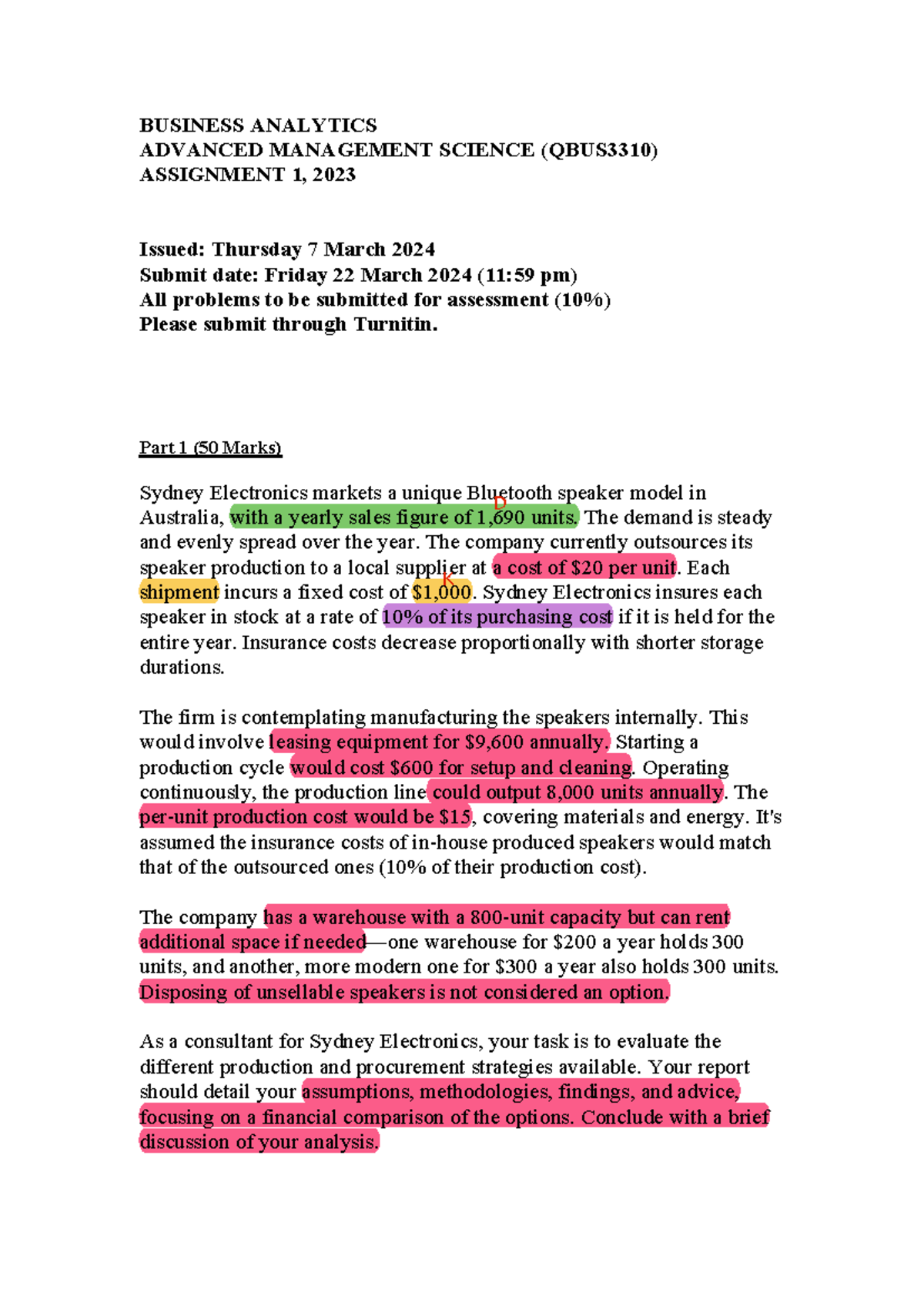 QBUS3310 Assignment 1 2024-1 - BUSINESS ANALYTICS ADVANCED MANAGEMENT ...