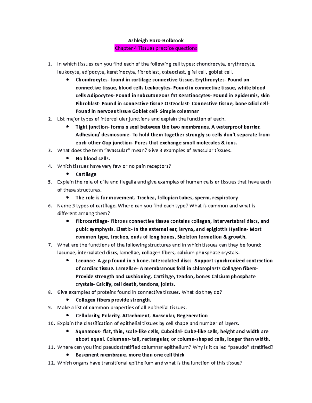 BIO2401 Ch4 Tissues Study Guide-F23 - Ashleigh Haro-Holbrook Chapter 4 ...