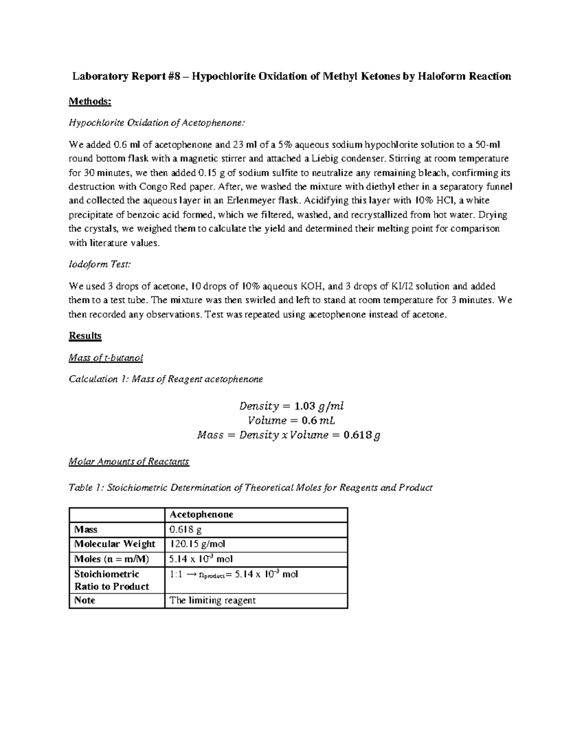 Experiment Laboratory Report Hypochlorite Oxidation Of Methyl Ketones By Haloform