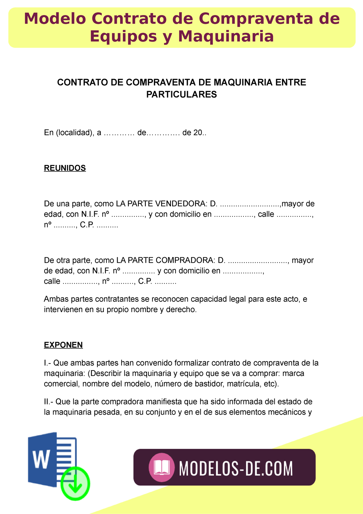 Modelo Contrato De Compraventa De Equipos Y Maquinaria CONTRATO DE