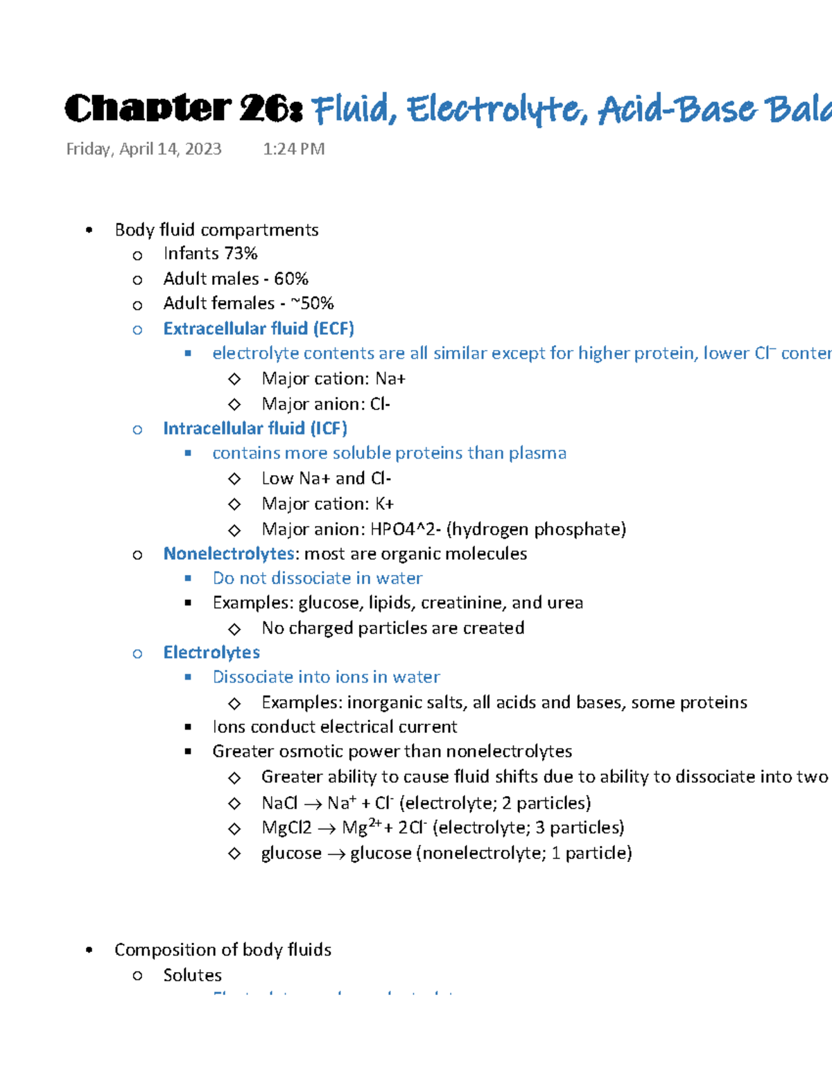 Chapter 26 Fluid, Electrolyte, Acid-Base Balance - Body Fluid ...