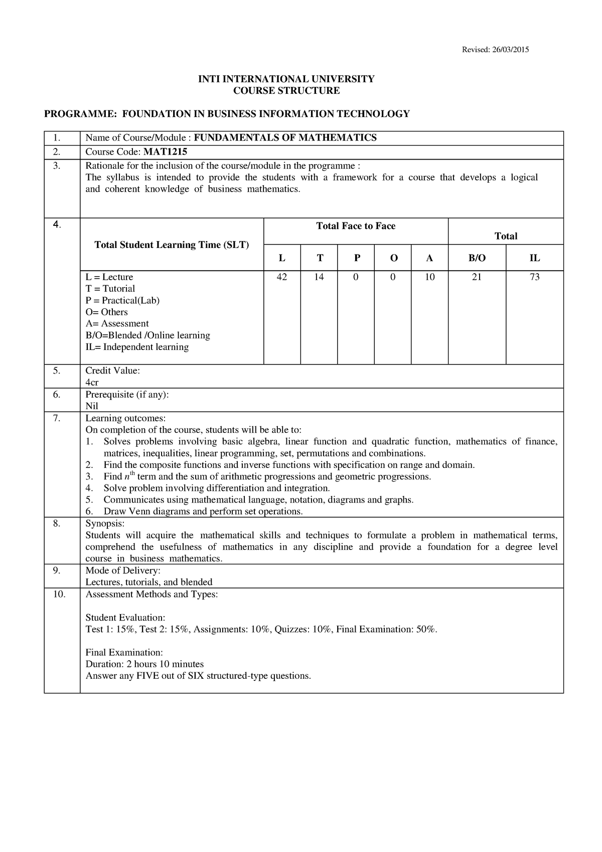 MAT1215 Course Structure April 2016 - Revised: 26/03/ INTI ...