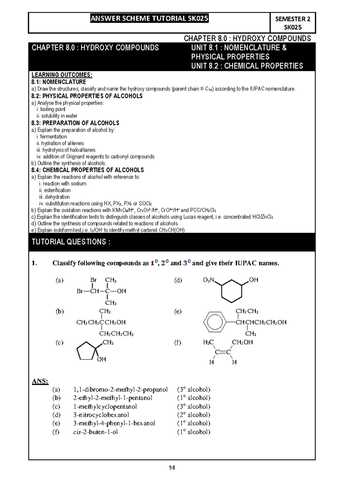 8.0 Hydroxy - Important - CHAPTER 8 : HYDROXY COMPOUNDS CHAPTER 8 ...