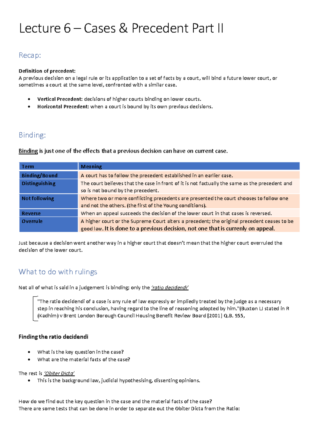 Cases & Precedent Part 2 Lecture 6 notes Lecture 6 Cases