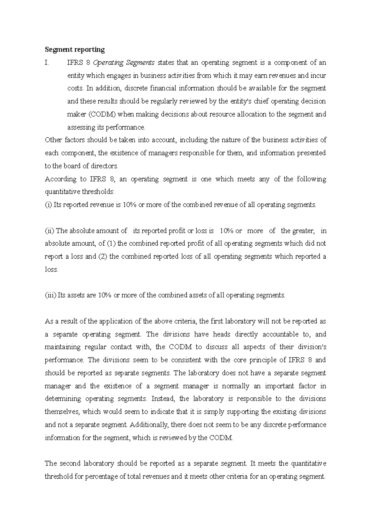 Answer to CFR Assignment - Segment reporting I. IFRS 8 Operating ...