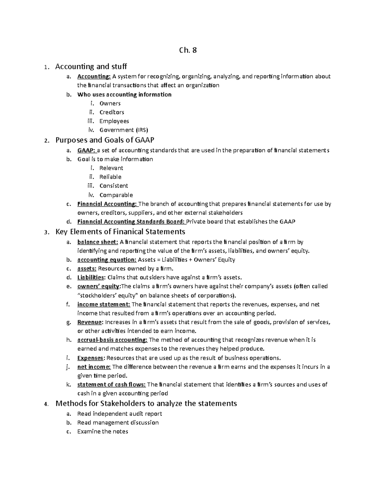 BIZ Foundations Chapter 8 accounting - Ch. 8 1. Accounting and stuff a ...