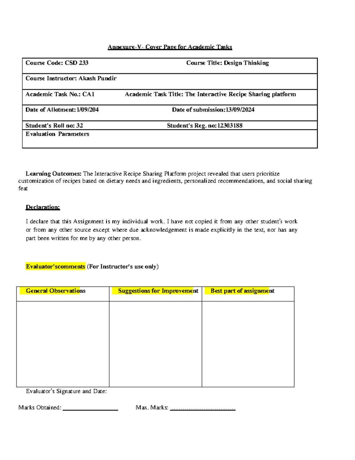 Csd233 - projet - Annexure-V- Cover Page for Academic Tasks Course Code ...