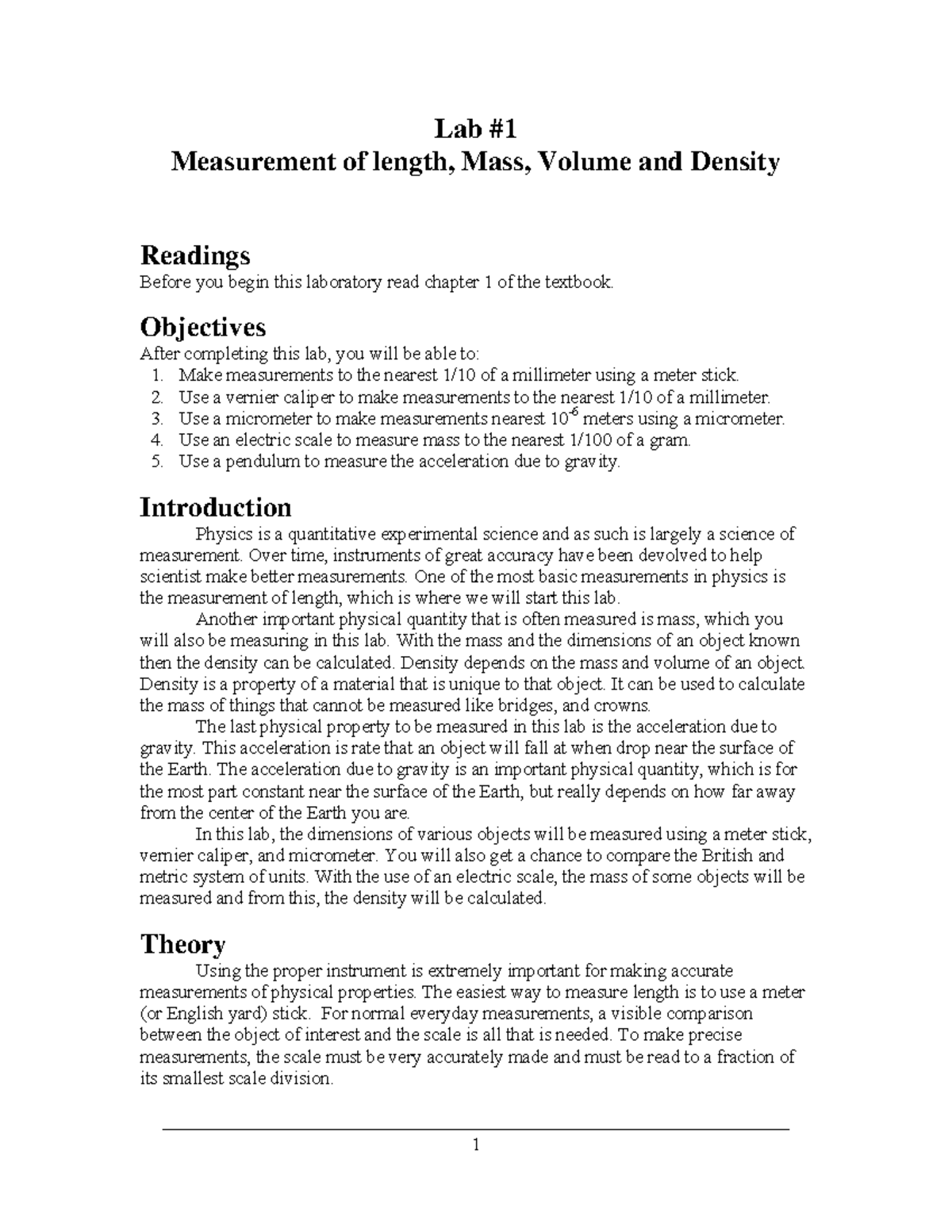 Lab 1 Measurement - Lab Measurement of length, Mass, Volume and Density ...