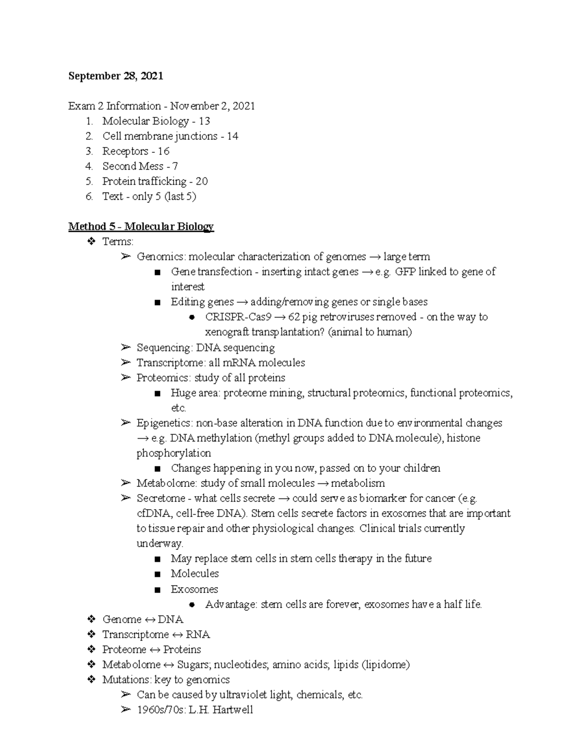 Bio 311 Section 2 Lecture Notes - September 28, 2021 Exam 2 Information ...