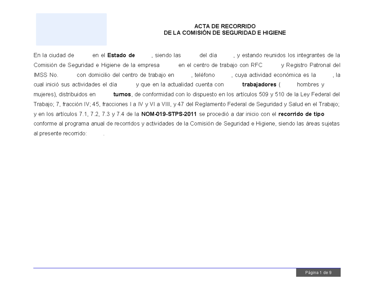 Acta De Recorrido De La Comisión De Seguridad E Higiene