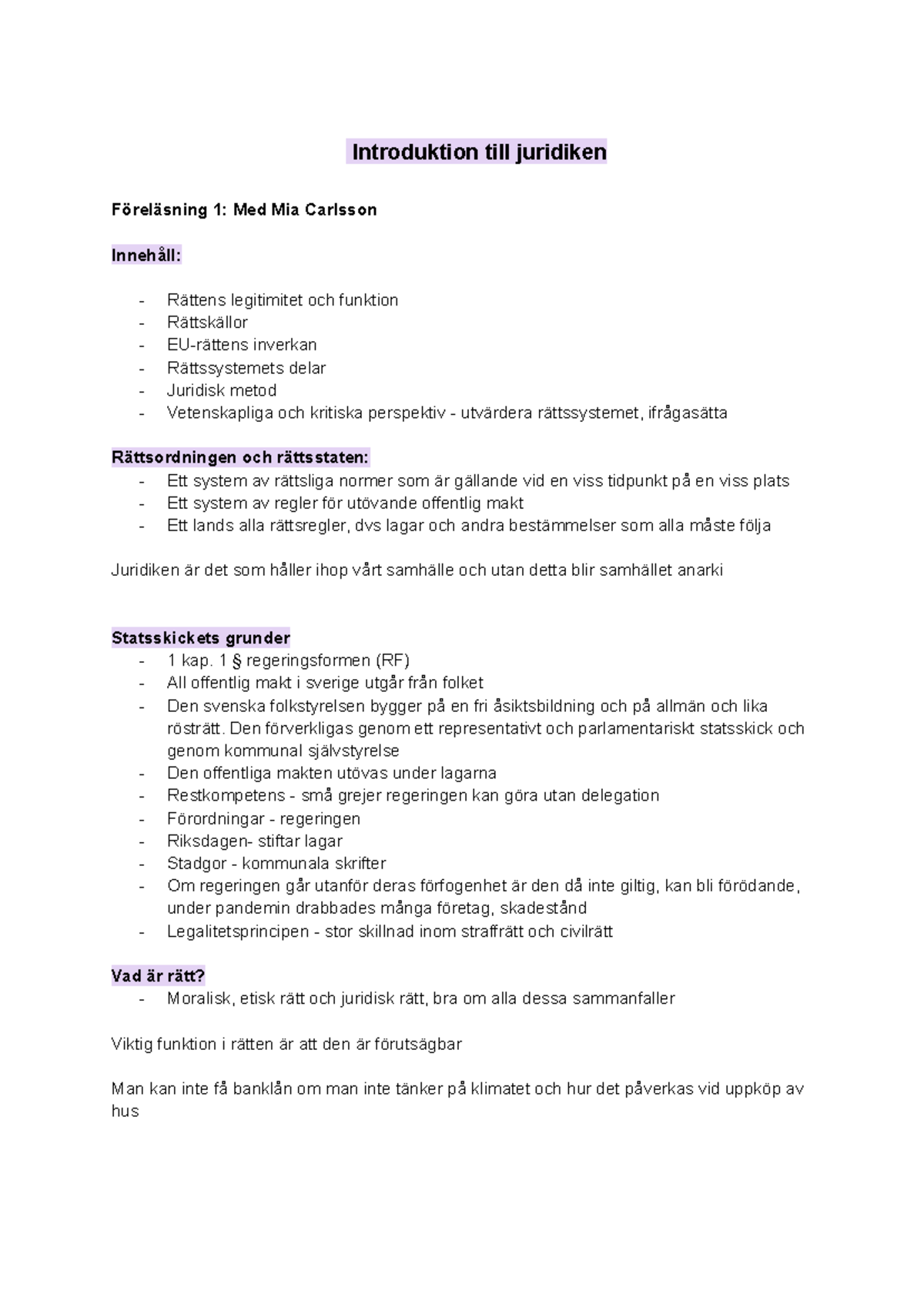 Introduktion till juridiken - Introduktion till juridiken Föreläsning 1 ...