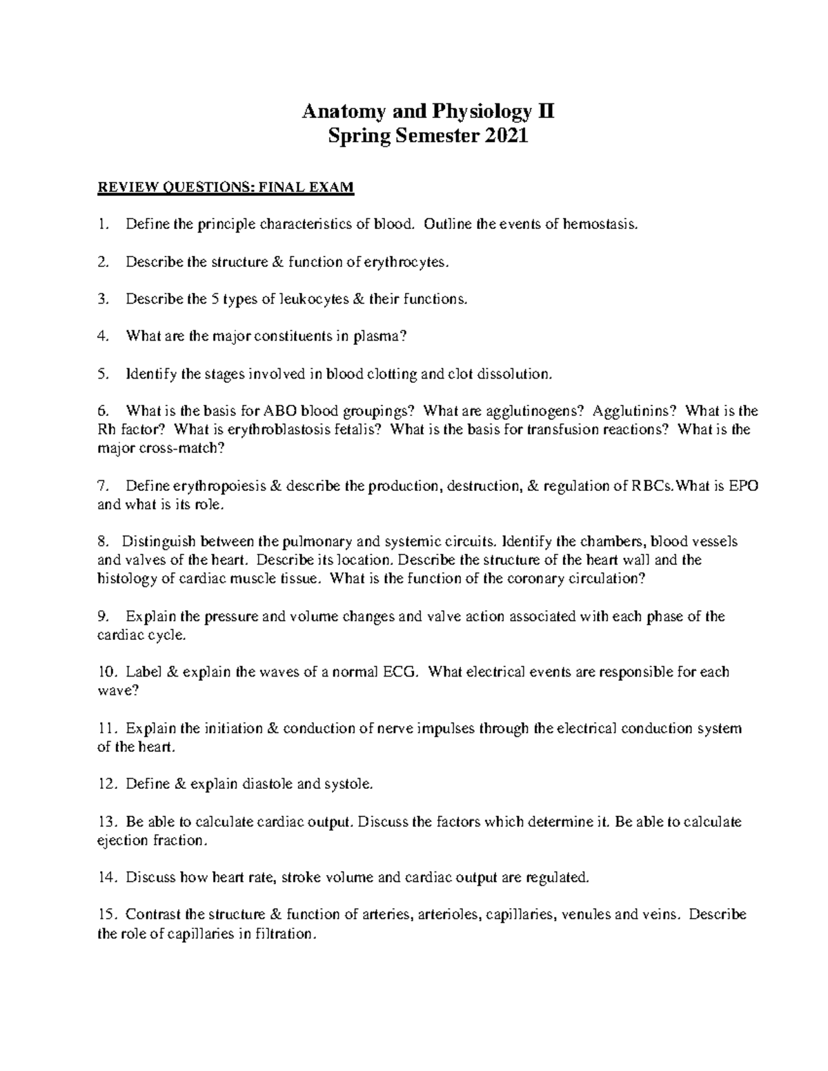 AP 2 Final Exam Review Questions Spring 2021 - Anatomy And Physiology ...