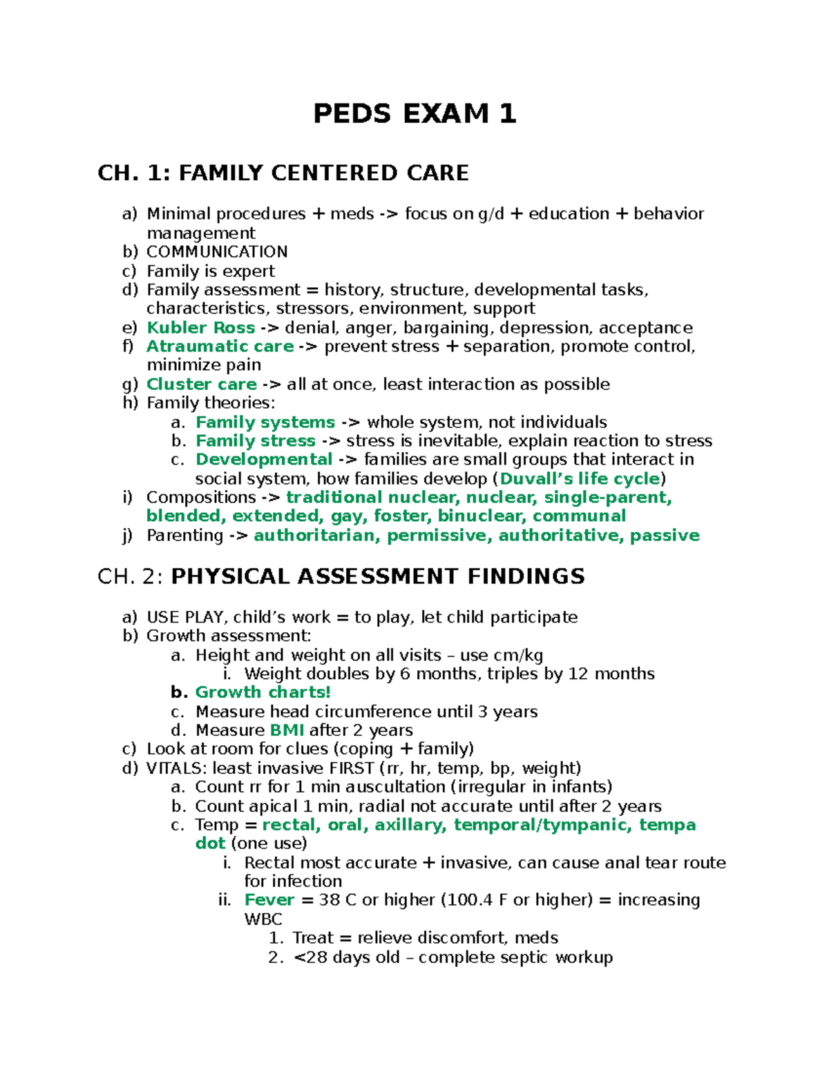 Peds Exam 1 - Outline For Exam 1 - PEDS EXAM 1 CH. 1: FAMILY CENTERED ...