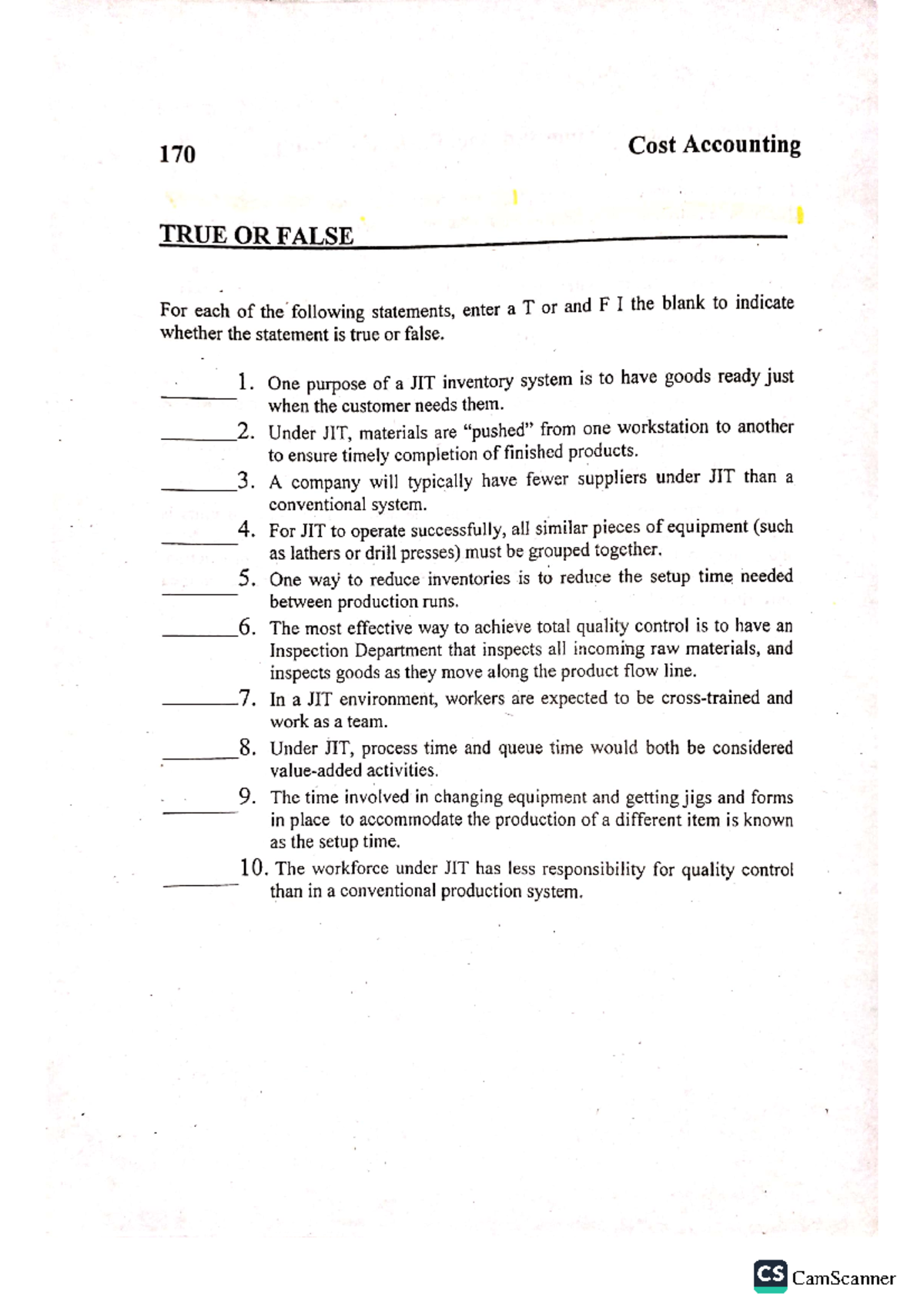 Chapter 6 True or False - Cost Accounting and Control 2019 Edition ...