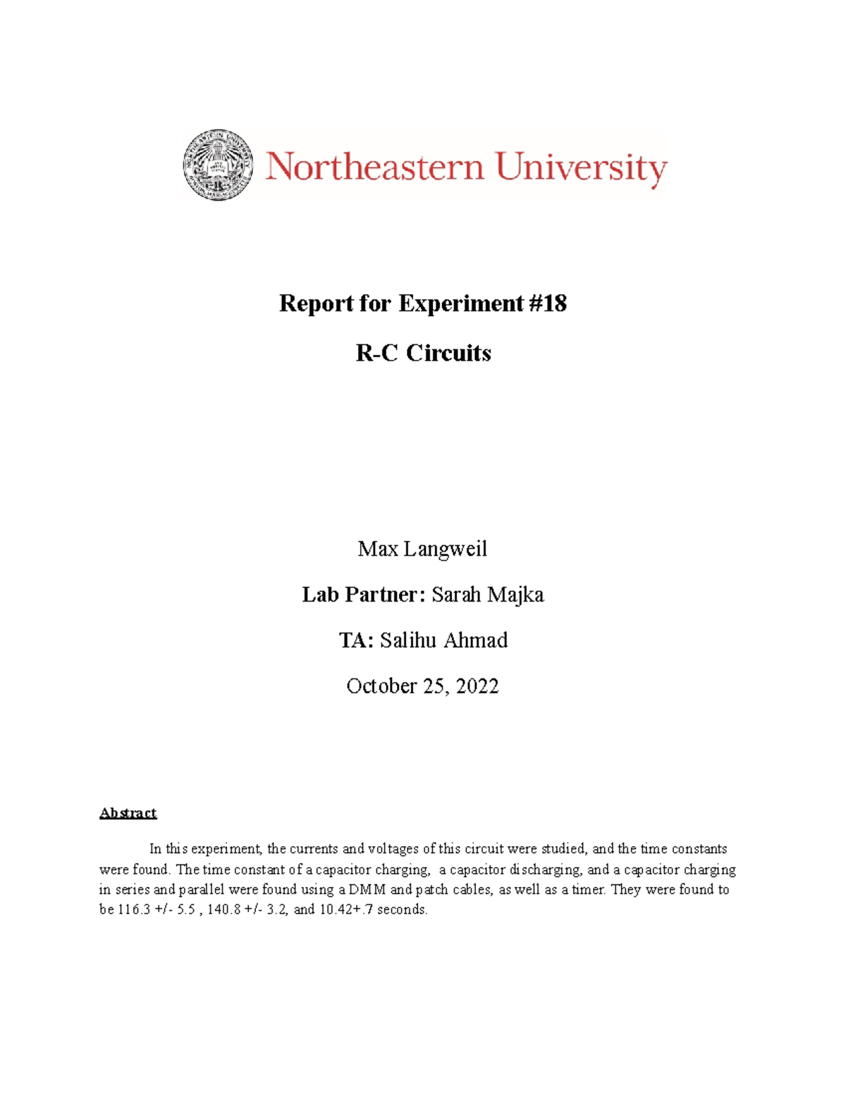 Report for Experiment #18 - Google Docs - Report for Experiment R-C ...