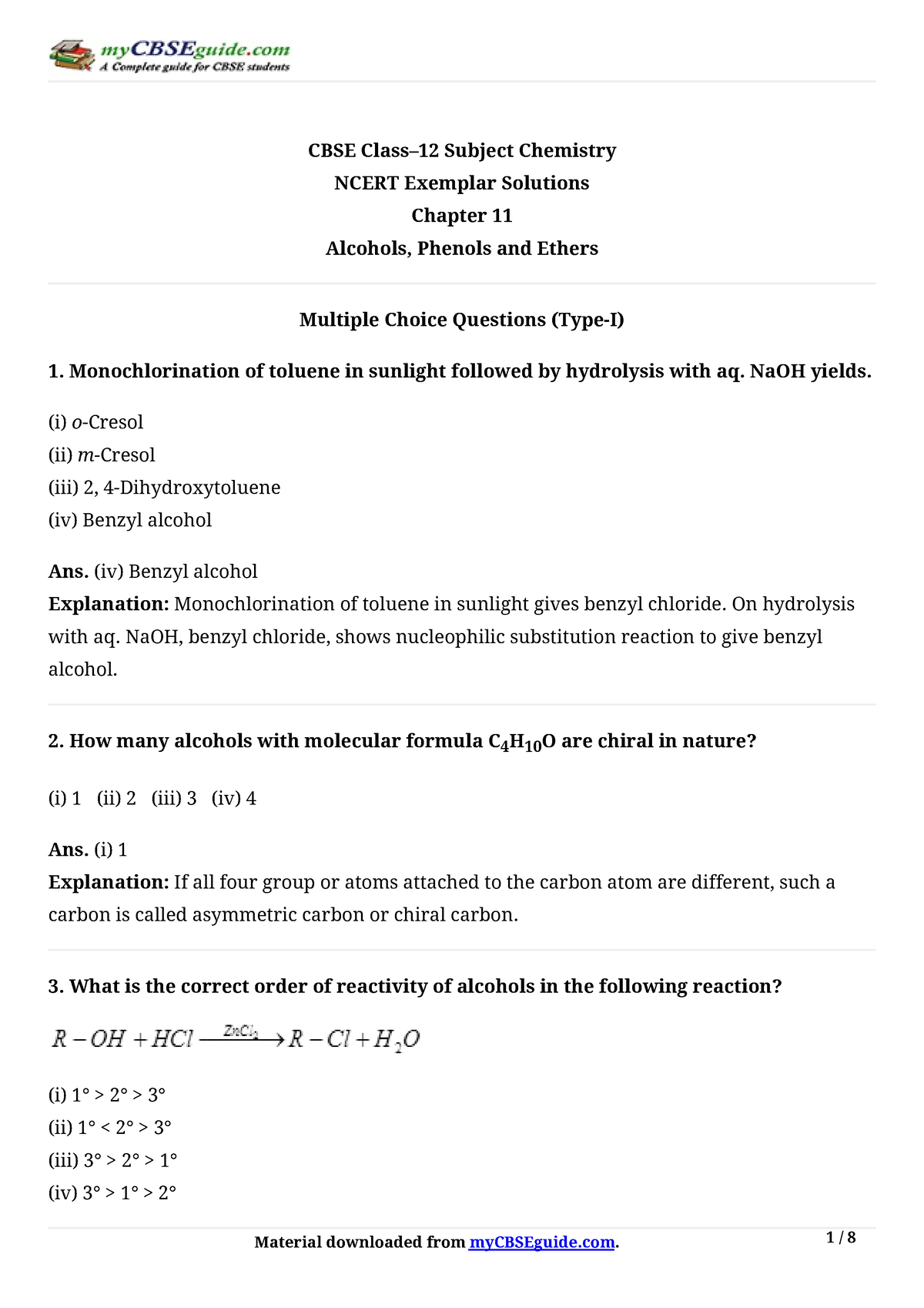 CH-11 Alcohols, Phenols AND Ethers -NE MCQ-I - CBSE Class–12 Subject ...