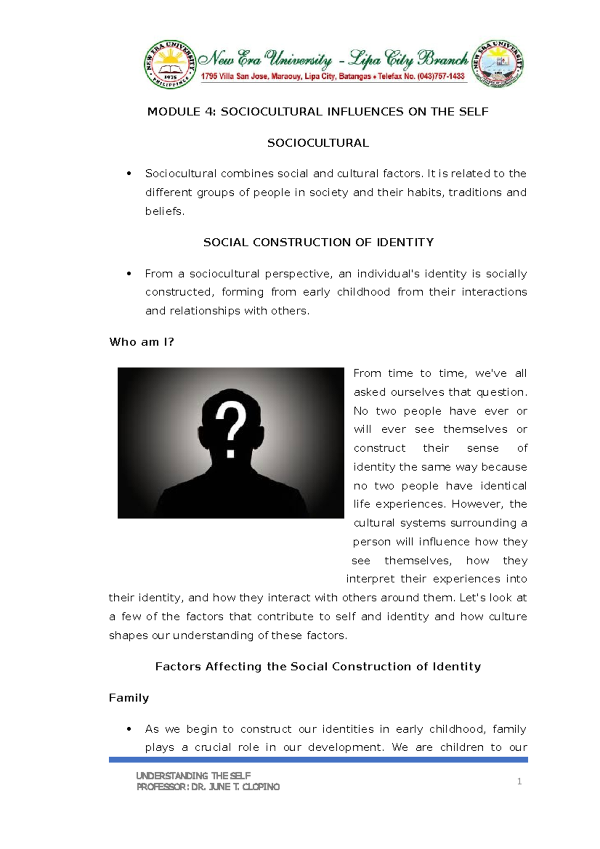 Module4 Sociocultural Influences ON THE SELF MODULE 4 SOCIOCULTURAL