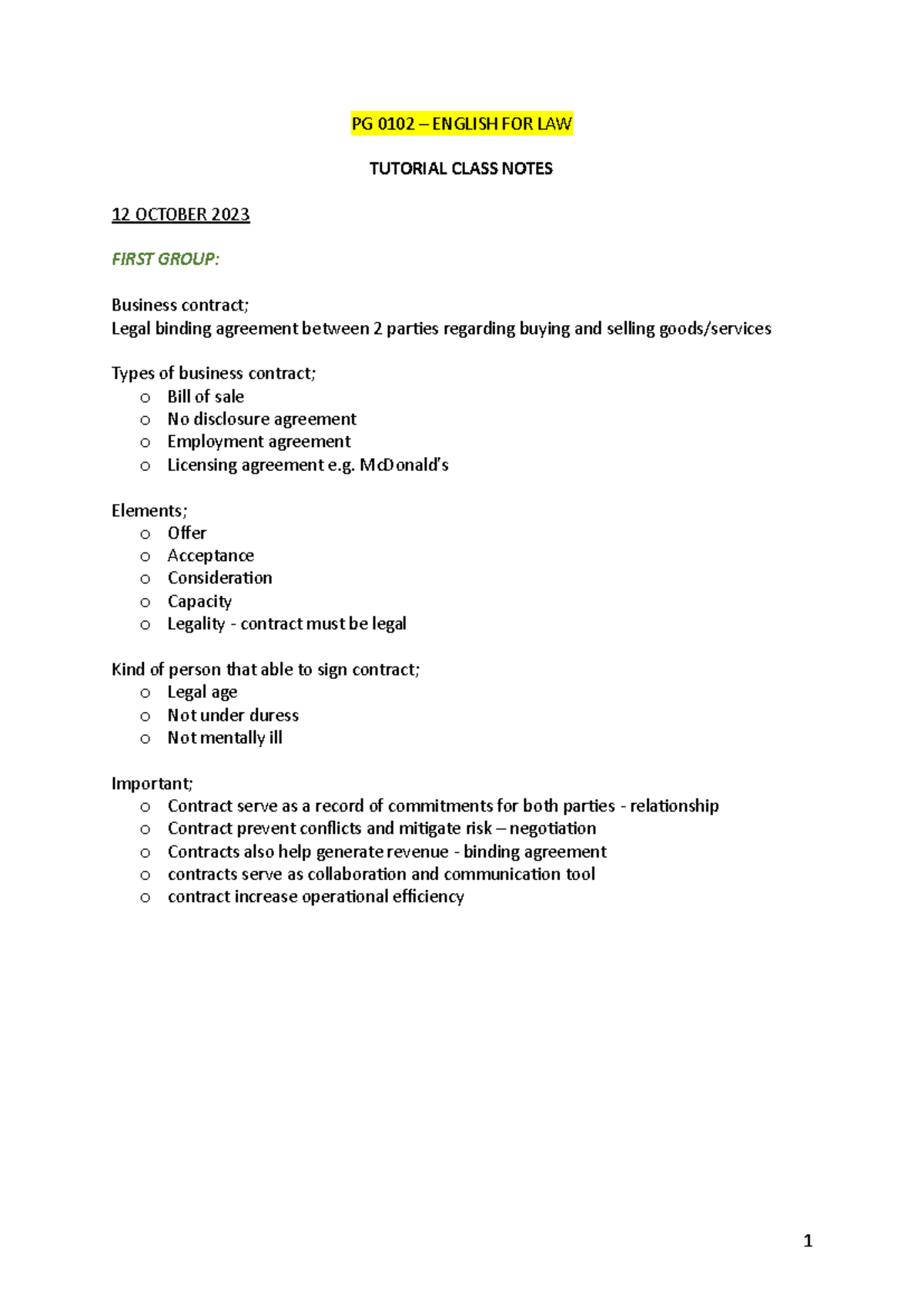 PG0102 - Tutorial Notes - PG 0102 – ENGLISH FOR LAW TUTORIAL CLASS ...