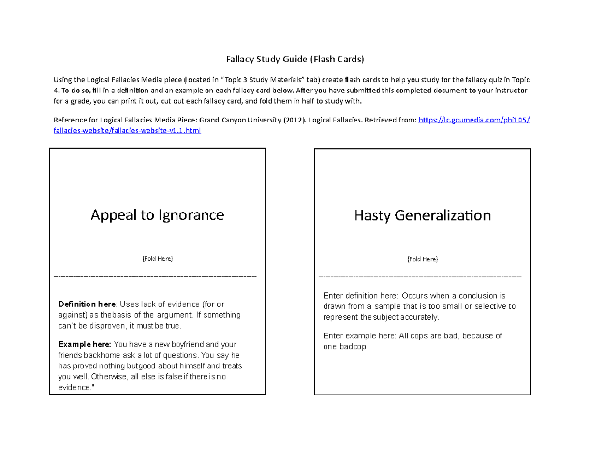 PHI105 - 1QWERDGFHTYHJ - Fallacy Study Guide (Flash Cards) Using the  Logical Fallacies Media piece - StuDocu