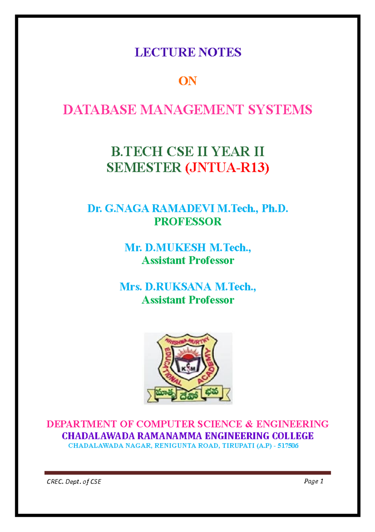 Database Management Systems Notes 1 - Bachelor Of Engineering In ...