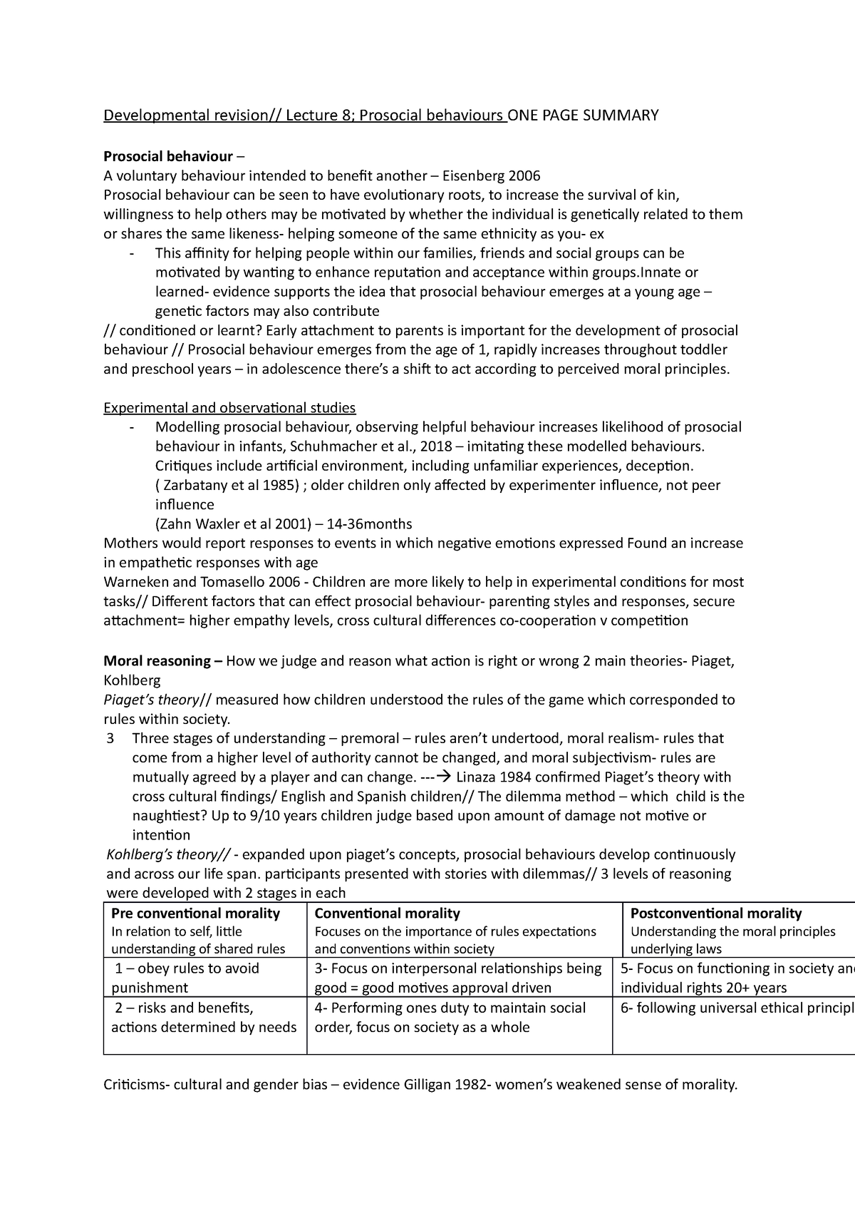 8 One page summary Lecture notes 8 Developmental revision