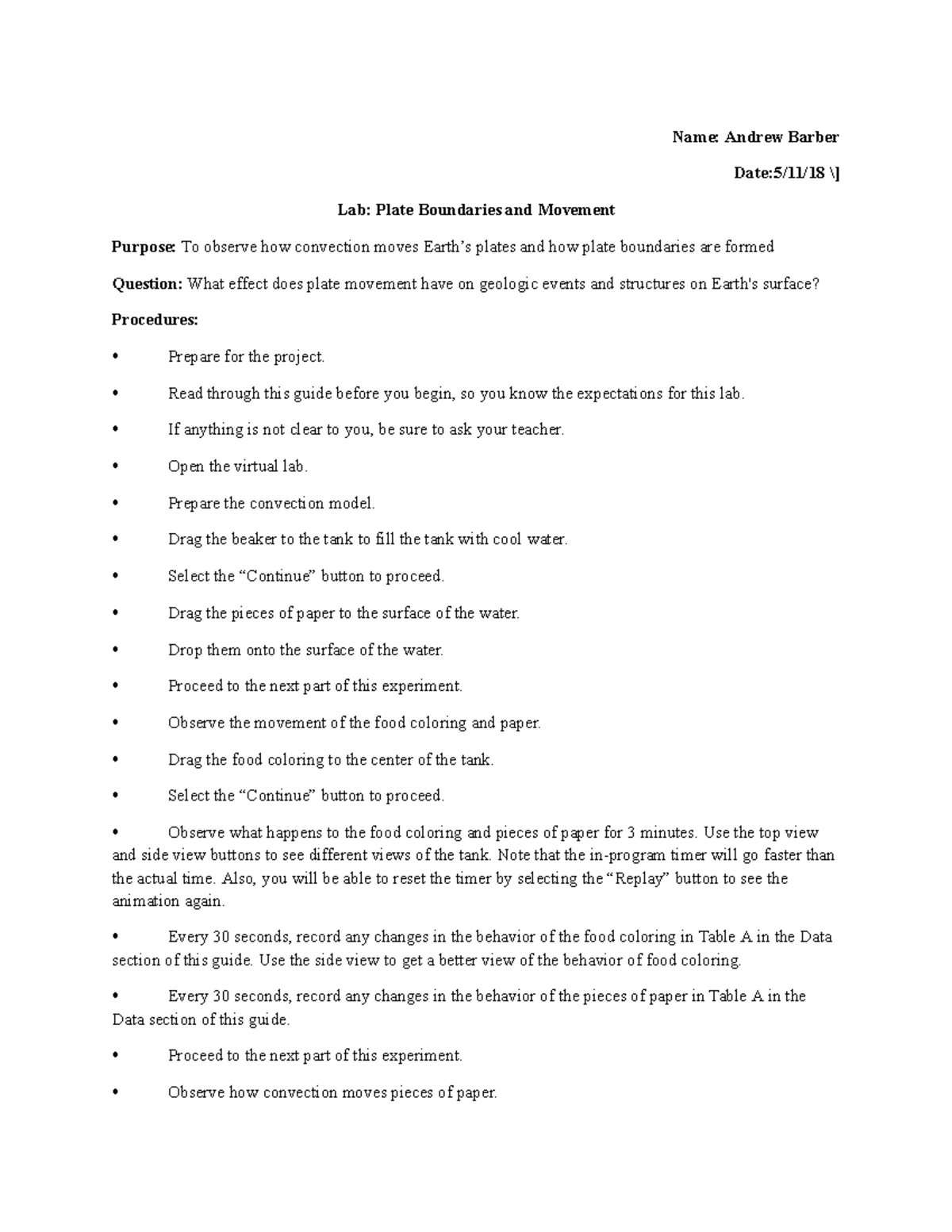 Andrew's Lab Plate Boundaries and Movement Name Andrew Barber Date5