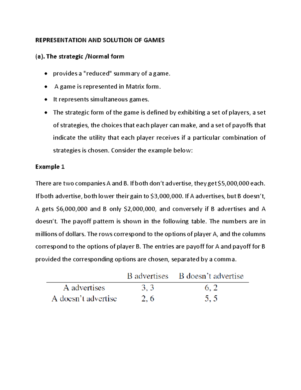 Game Theory Notes(b) - dggfc - REPRESENTATION AND SOLUTION OF GAMES ( a ...