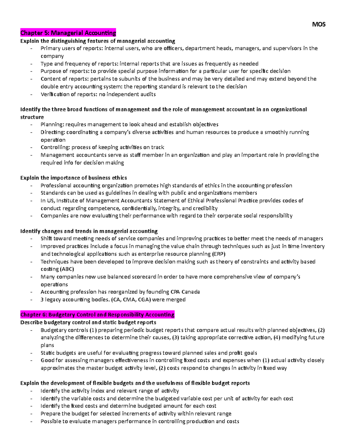 Part 2 Exam Notes for course outline - Chapter 5: Managerial Accounting ...