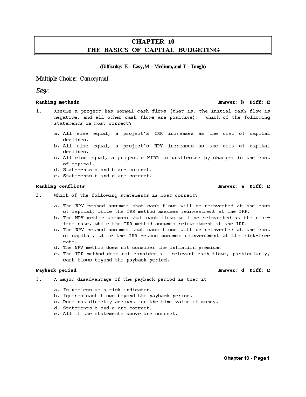 TB Chapter 10 The Basics of Capital Budgeting - (Difficulty: E = Easy ...