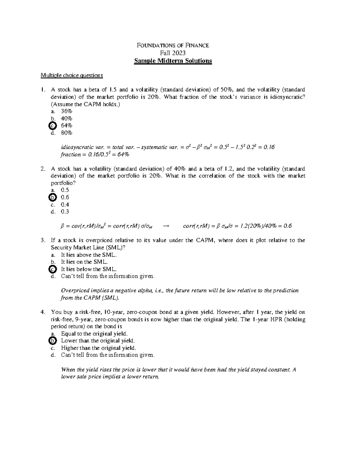 Sample Midterm 1 Solutions - FOUNDATIONS OF FINANCE Fall 2023 Sample ...