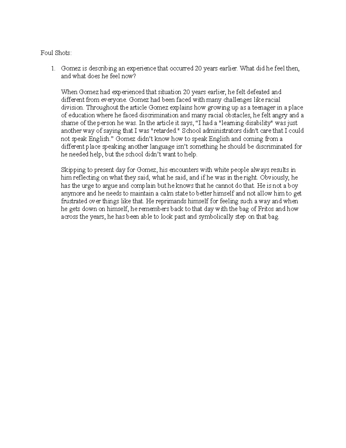 Foul Shots Course work Foul Shots Gomez is describing an