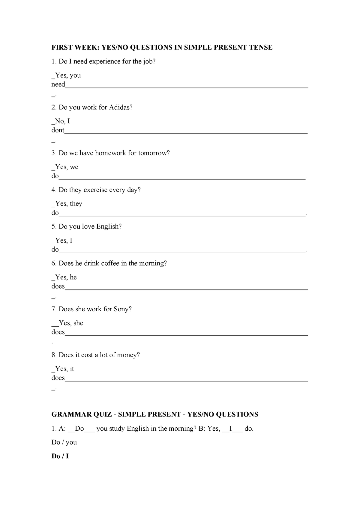 Simple Present Tense Englesh 2 ITSC FIRST WEEK YES NO QUESTIONS IN 