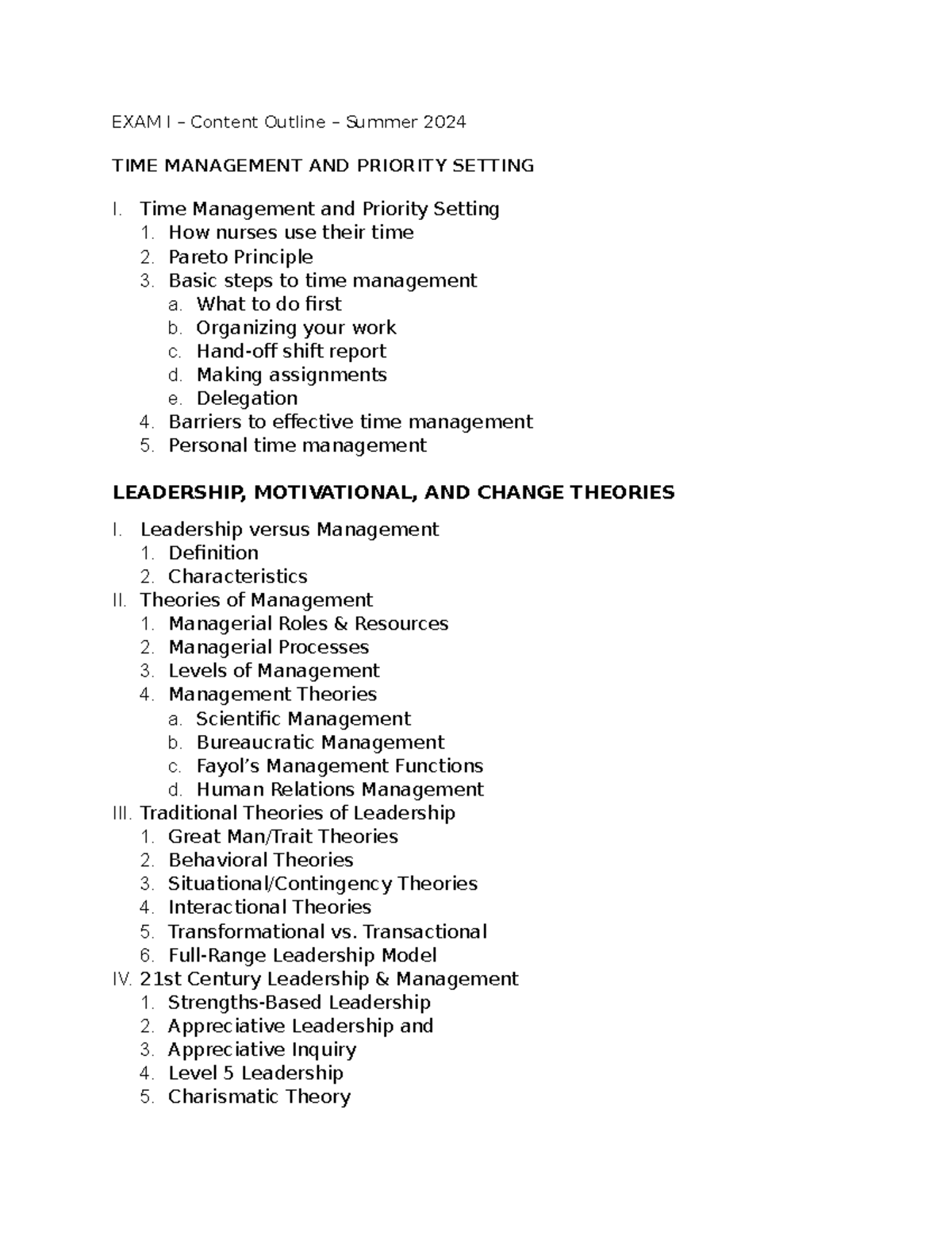 Exam I - Content Outline Summer 2024 - EXAM I – Content Outline ...