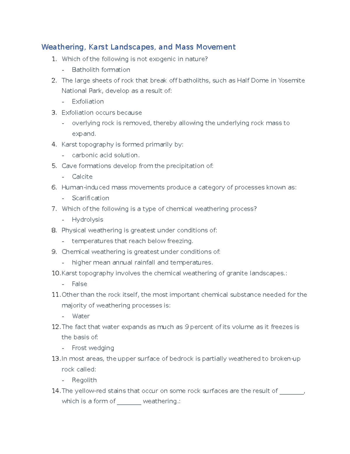 GEOG 001 Weathering, Karst Landscapes, and Mass Movement - Weathering ...