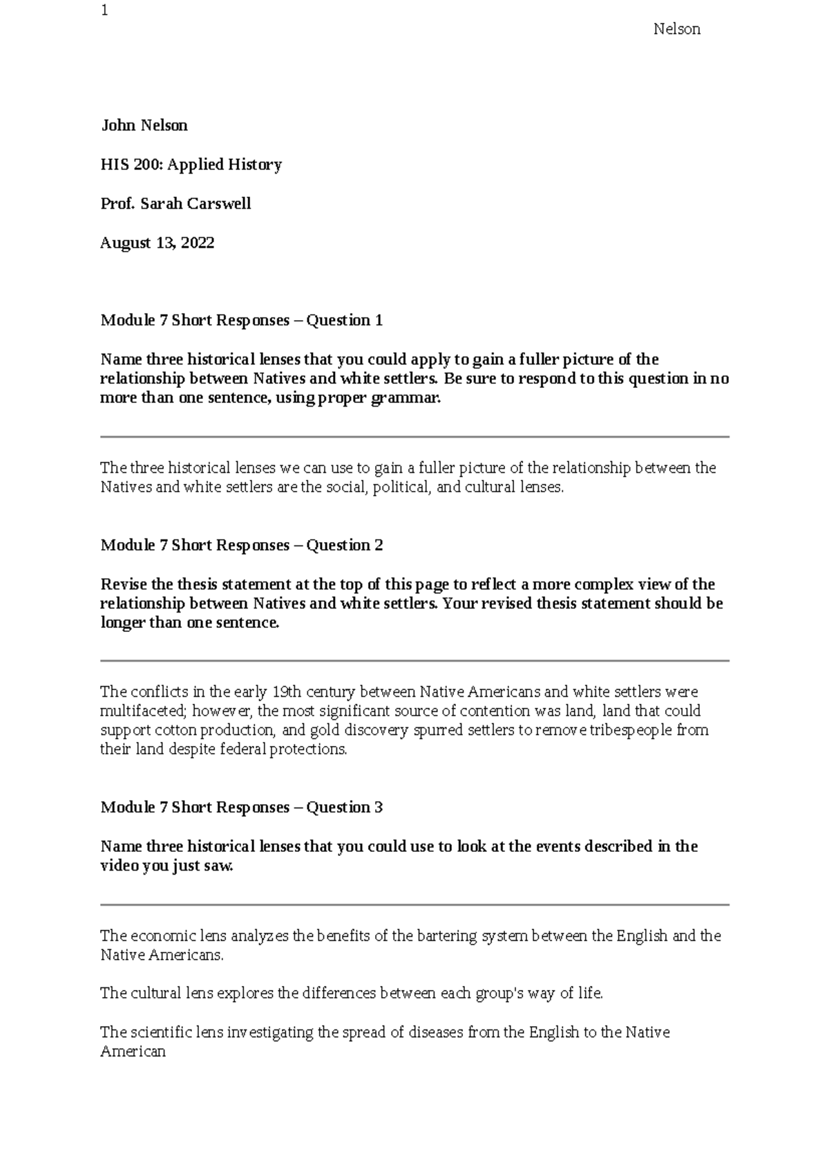 Module 7 Short Answers - 1 Nelson John Nelson HIS 200: Applied History ...