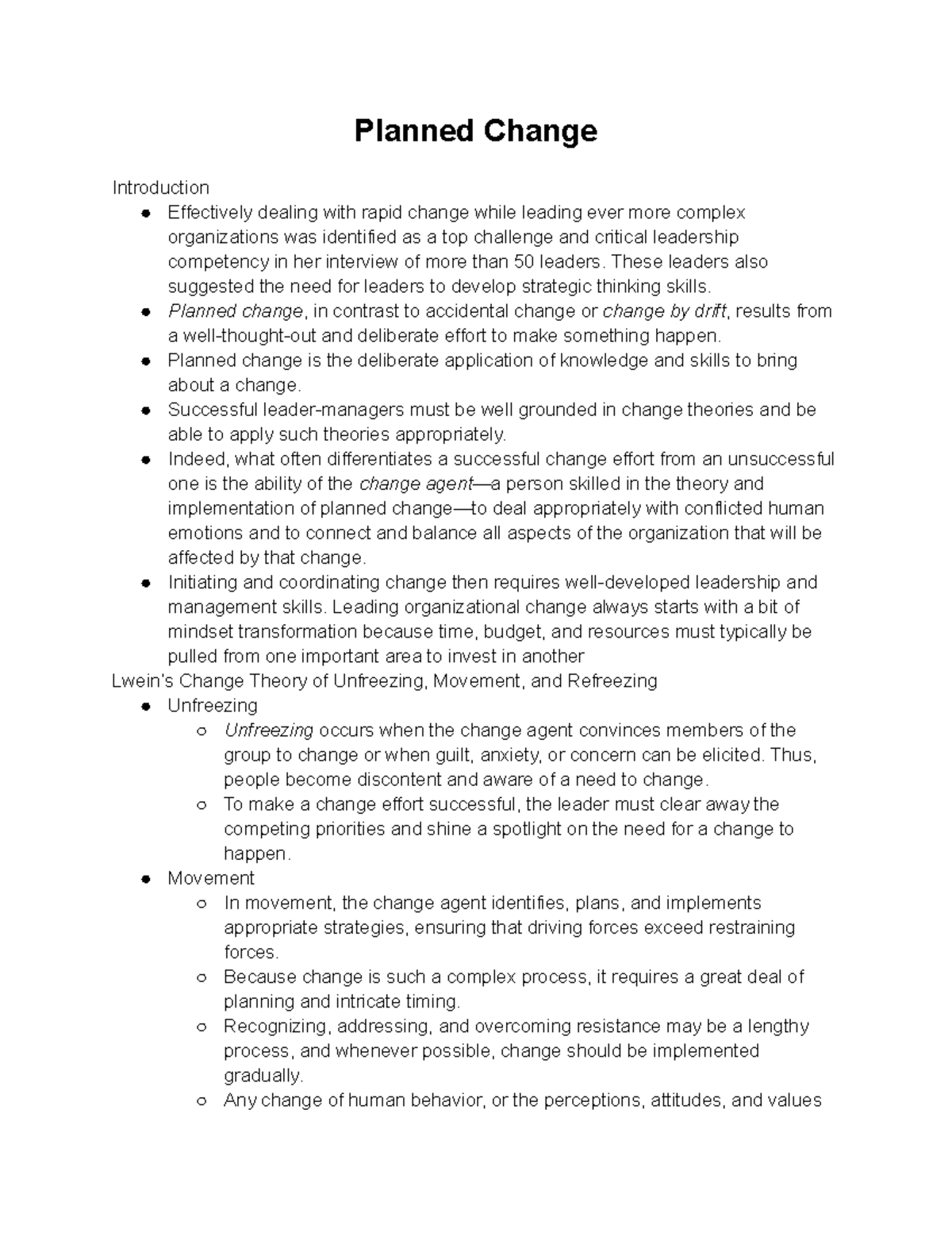 planned-change-summary-leadership-roles-and-management-functions-in