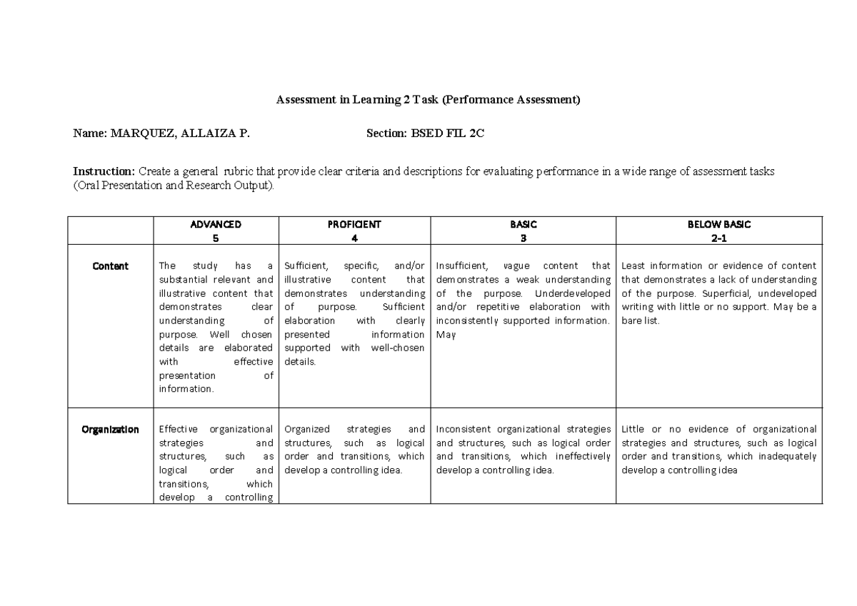 AIL2 TASK Rubrics Marquez, Allaiza - Assessment in Learning 2 Task ...