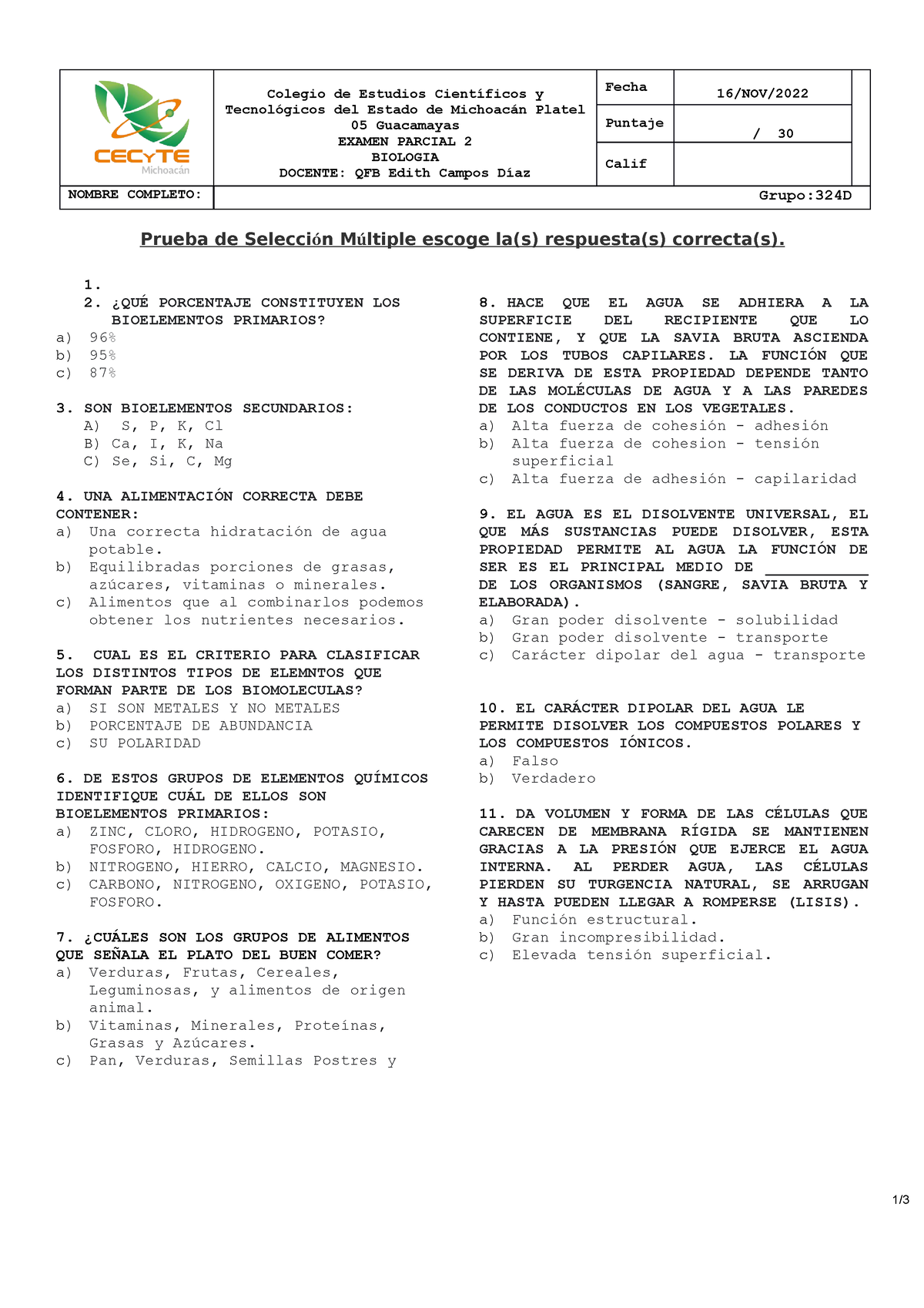 P2 324D 2022 - Examen Parcial - Prueba De Selección Múltiple Escoge La ...