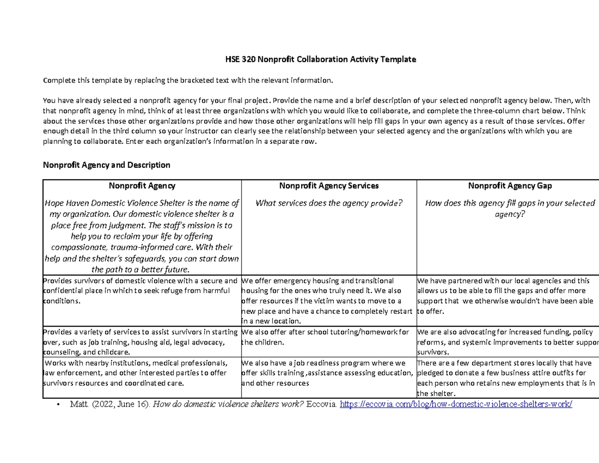 HSE 320 Nonprofit Collaboration Activity Template - HSE 320 Nonprofit ...