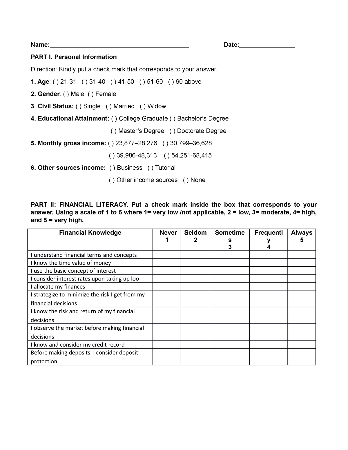 Survey Questionnaire - For educational purposes - Name