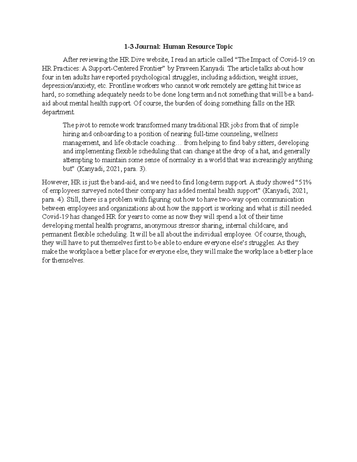 12 Journal Assignment 13 Journal Human Resource Topic After