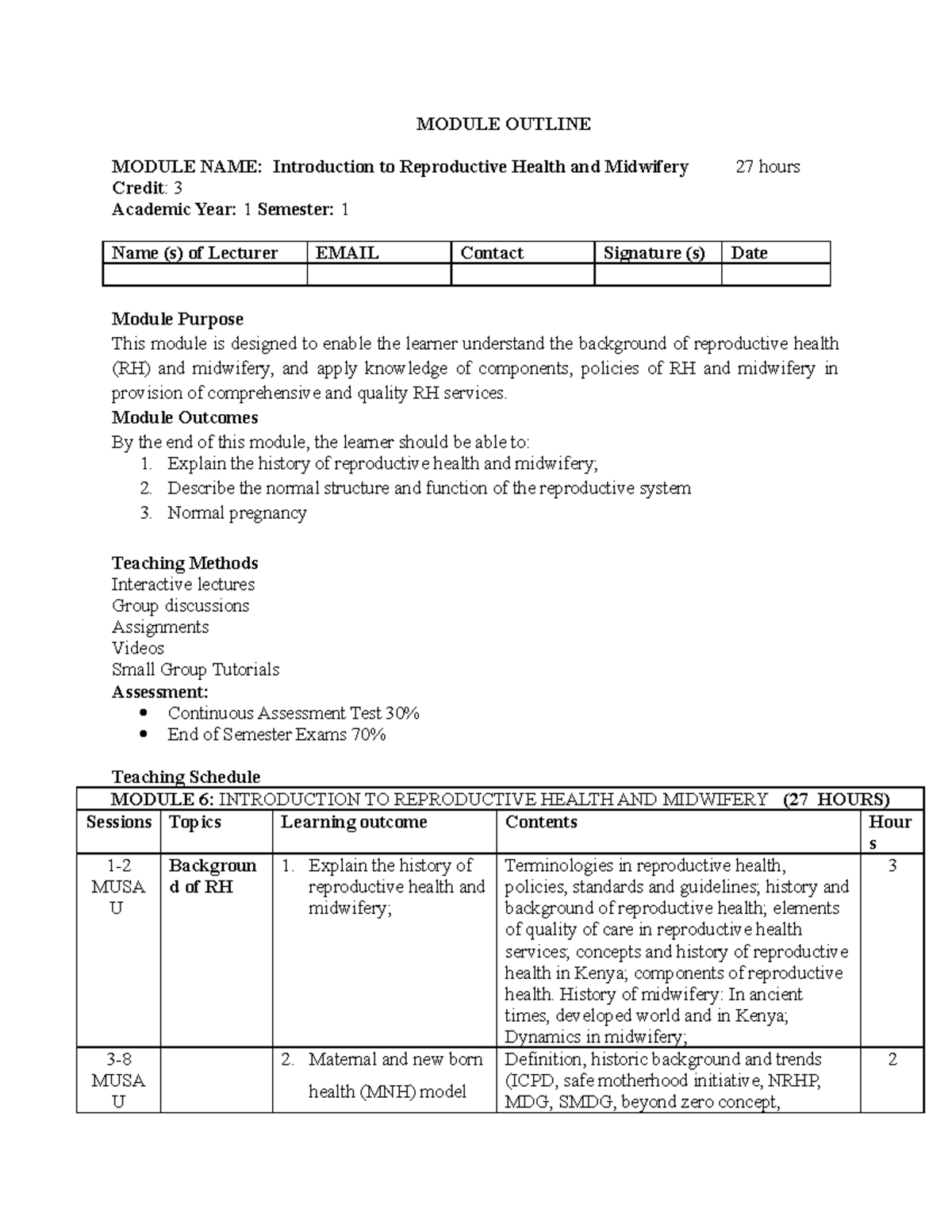 Introduction to Reproductive Health and Midwifery - Module Outline ...
