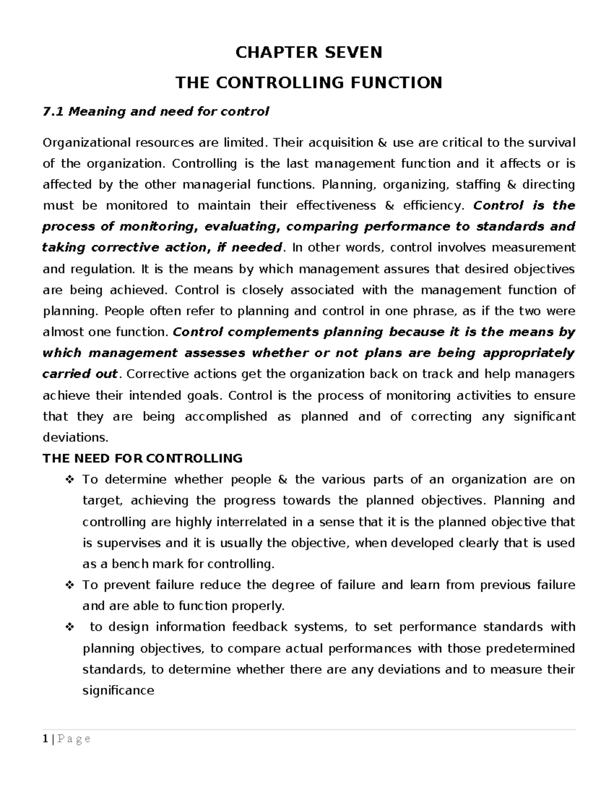 Ch 7 Controlling Function - CHAPTER SEVEN THE CONTROLLING FUNCTION 7 ...