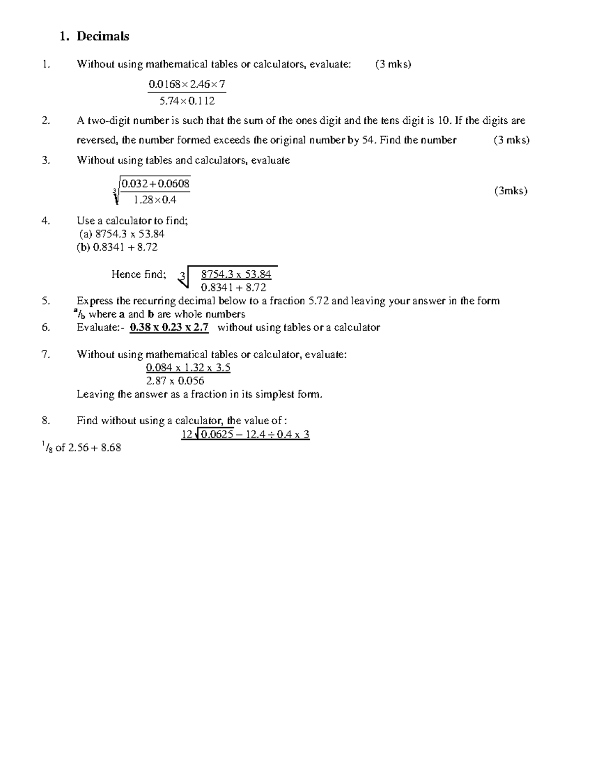 Holiday assignment Assignments - Form 1 - Mathematics - 1. Decimals ...