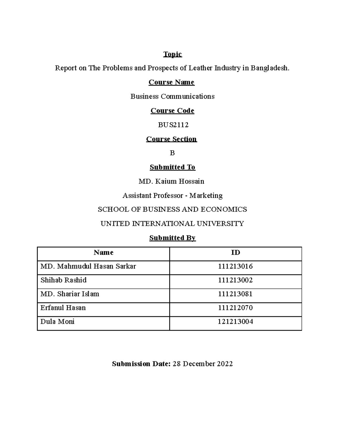 Report Cover Page Topic Report on The Problems and Prospects of Leather Industry in Bangladesh