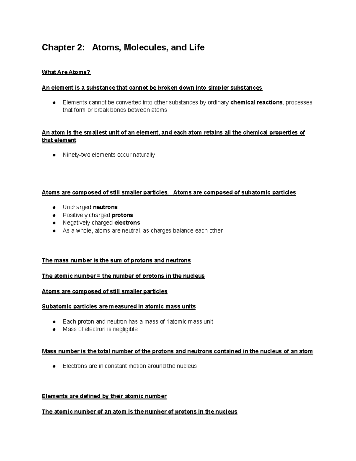 Chapter 2 Atoms Molecules And Life Atoms Are Composed Of Subatomic