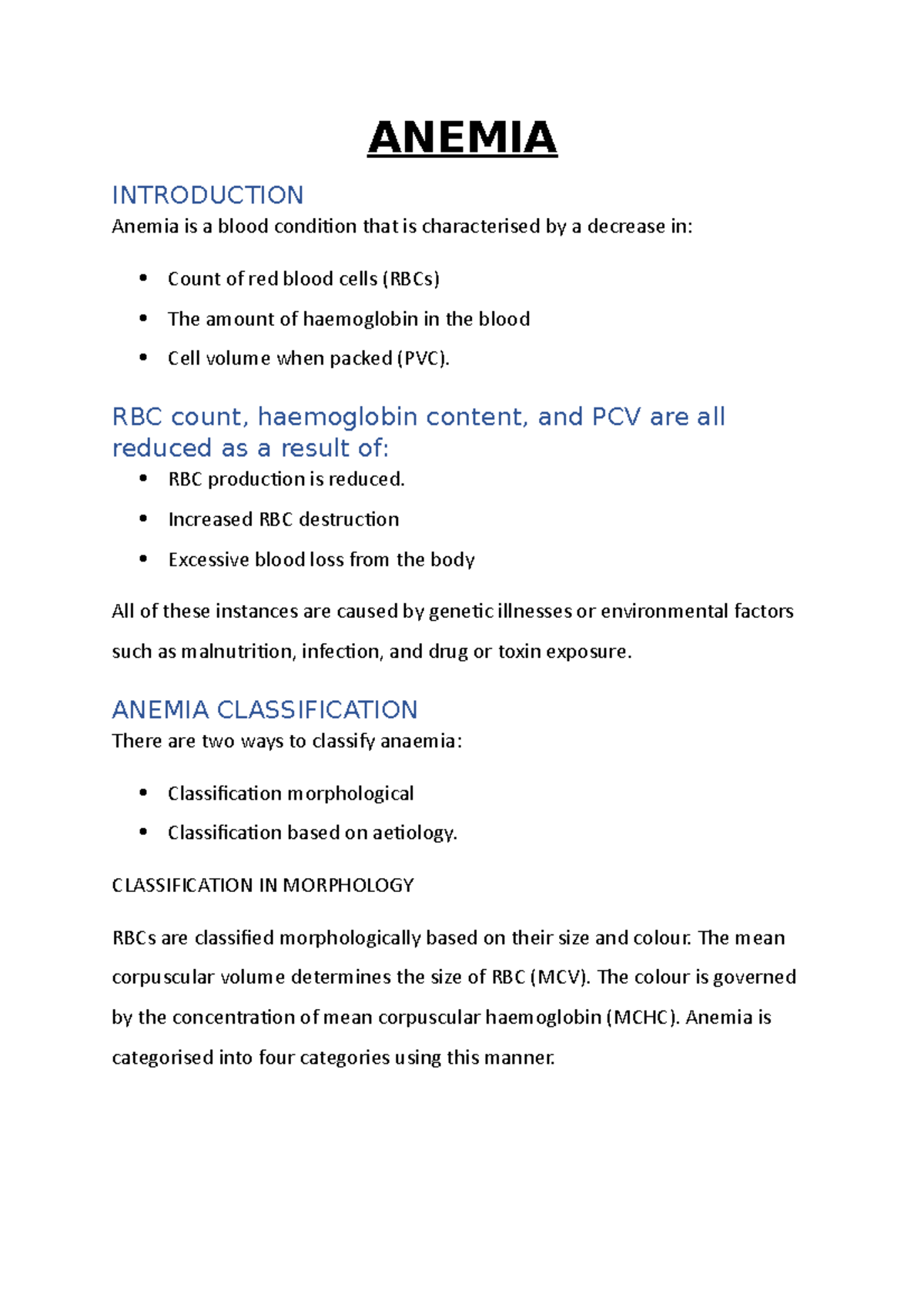 Brief NOTE ON Anemia - Lecture Notes 1 - ANEMIA INTRODUCTION Anemia Is ...