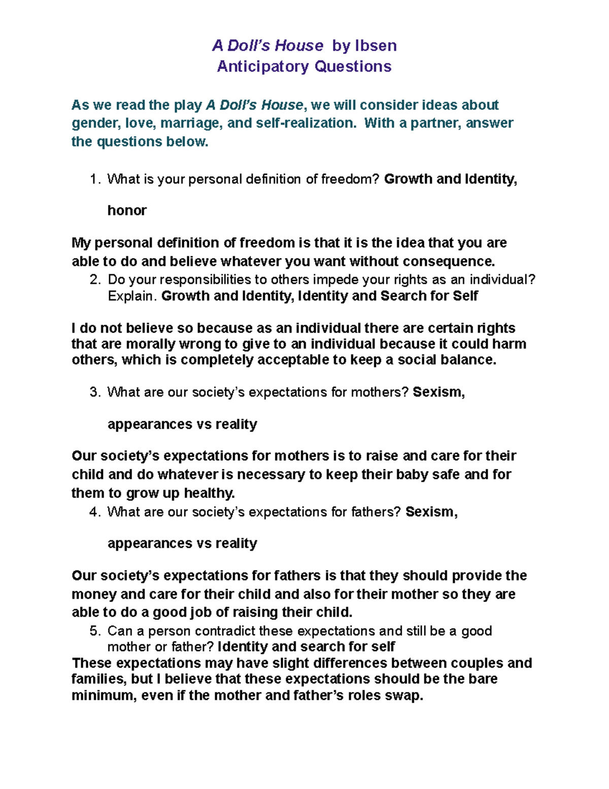 English A Doll’s House PreReading Questions A Doll’s House by Ibsen